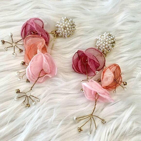 New mesh flower and pearl earrings(Silver Needle) - Picture 3 of 14